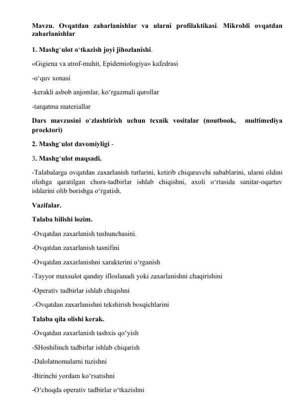 Ovqatdan zaharlanishlar va ularni profilaktikasi