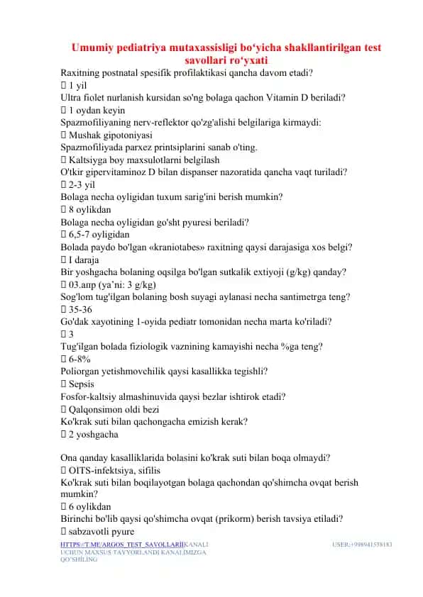 Umumiy pediatriya mutaxassisligi bo‘yicha test savollari ro‘yxati