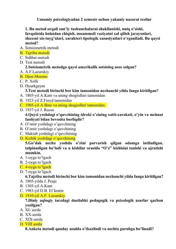 Umumiy psixologiyadan 2 semestr uchun yakuniy nazorat testlar