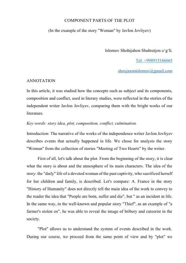 COMPONENT PARTS OF THE PLOT (In the example of the story "Woman" by Javlon Jovliyev)