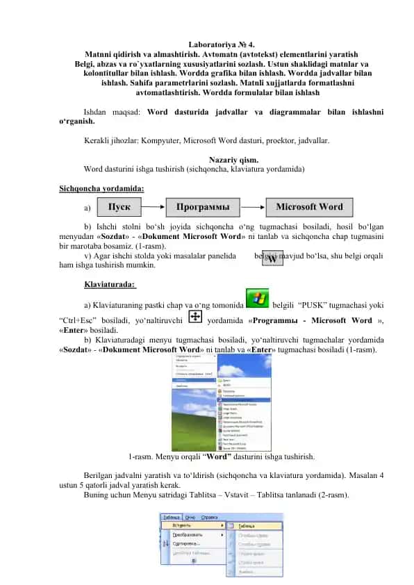 Word dasturida jadvallar va diagrammalar bilan ishlash