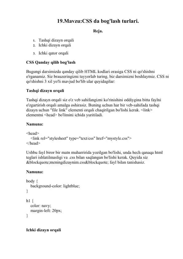 CSS da bog'lash turlari