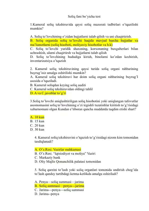 Soliq fani bo’yicha test