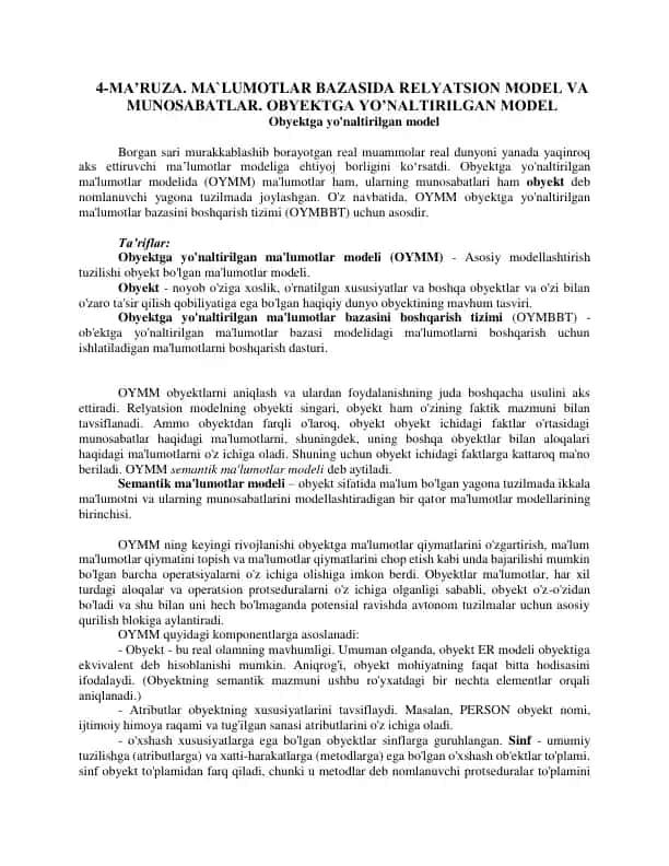 Obyektga yo'naltirilgan ma'lumotlar modeli (OYMM)