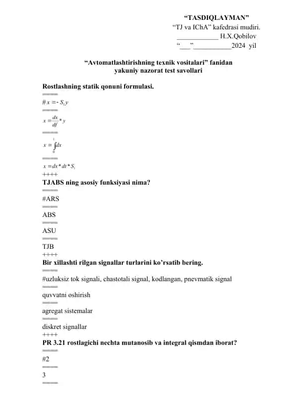 "Avtomatlashtirishning texnik vositalari" fanidan yakuniy nazorat test savollari