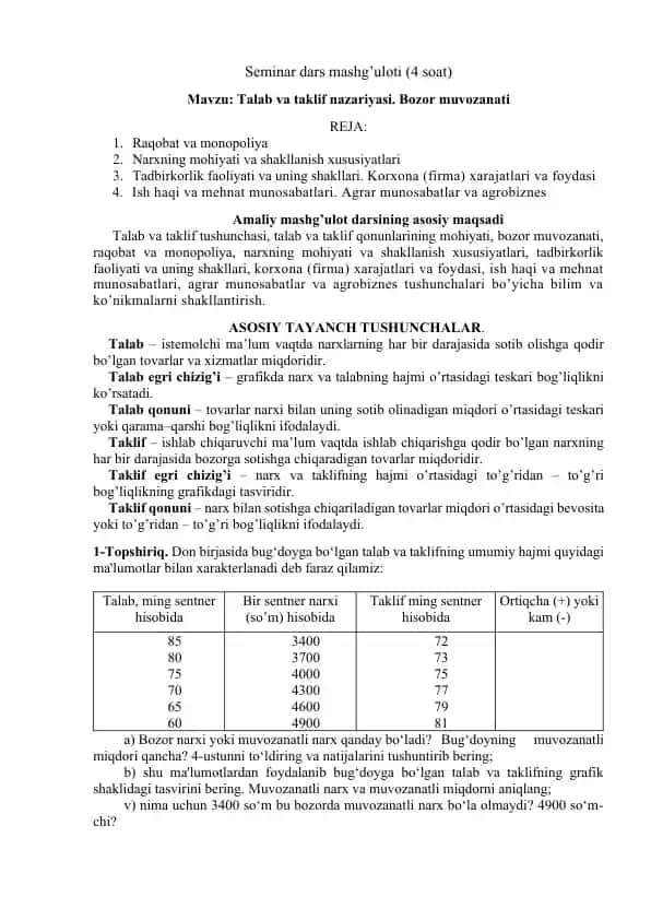 Seminar dars mashg’uloti (4 soat)