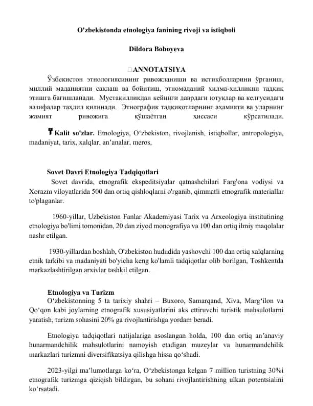 O'zbekistonda Etnologiya Fanining Rivoji va Istiqboli