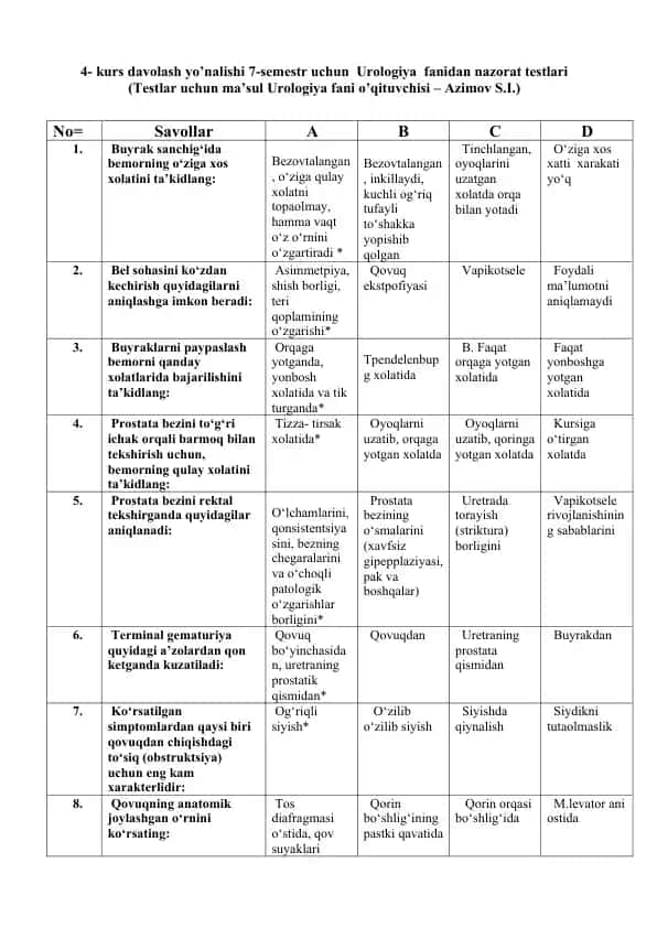 Kurs davolash yo’nalishi 7-semestr uchun Urologiya fanidan nazorat testlari