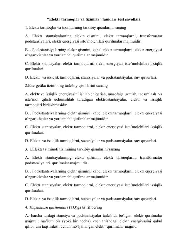 "Elektr tarmoqlar va tizimlar" test savollari