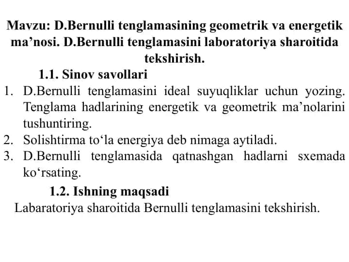 D.Bernulli Tenglamasining Geometrik va Energetik Ma'nosi