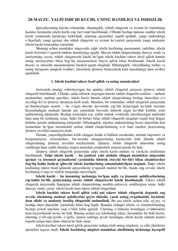Yalpi Ishchi Kuchi, Uning Bandligi va Ishsizlik