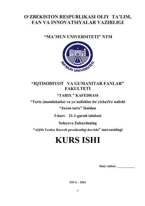 Aqsh Teodor Ruzvelt prezidentligi davrida. Kurs ishi