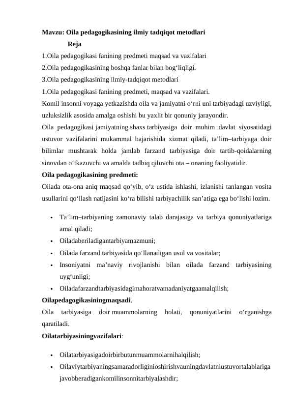 Oila pedagogikasining ilmiy tadqiqot metodlari