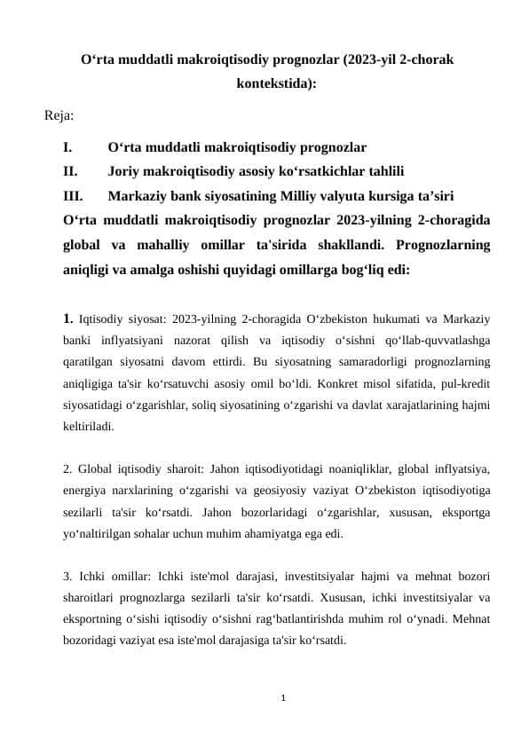 Oʻrta muddatli makroiqtisodiy prognozlar