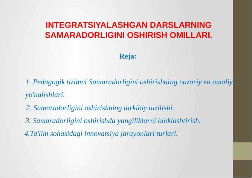 INTEGRATSIYALASHGAN DARSLARNING SAMARADORLIGINI OSHIRISH VA TA’LIM PRINSIPLARI