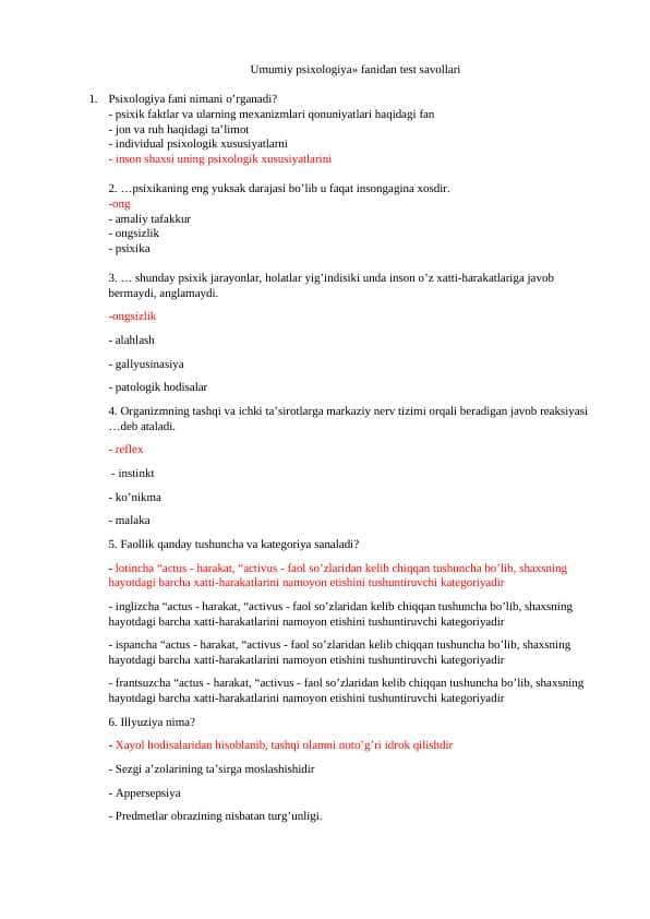 Umumiy psixologiya fanidan test savollari. JAVOBI BILAN 200 TALIK
