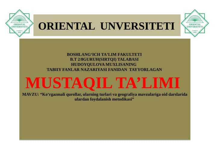 Ko‘rgazmali qurollar, ularning turlari va geografiya mavzulariga oid darslarida ulardan foydalanish metodikasi