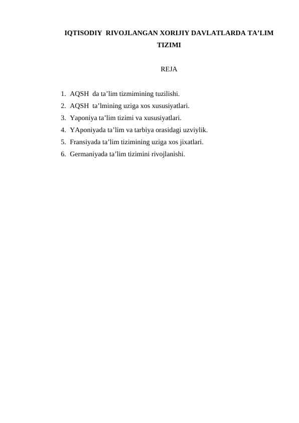 IQTISODIY RIVOJLANGAN XORIJIY DAVLATLARDA TA’LIM TIZIMI