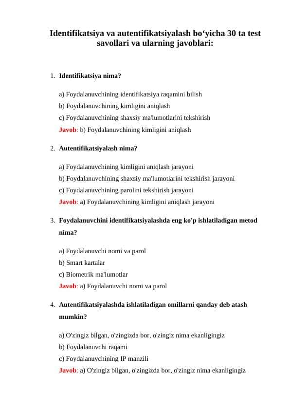 Identifikatsiya va autentifikatsiyalash boʻyicha 30 ta test savollari va ularning javoblari: