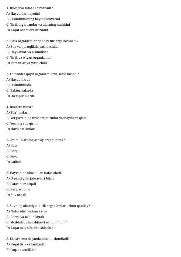 5-sinf biologiya test 30ta