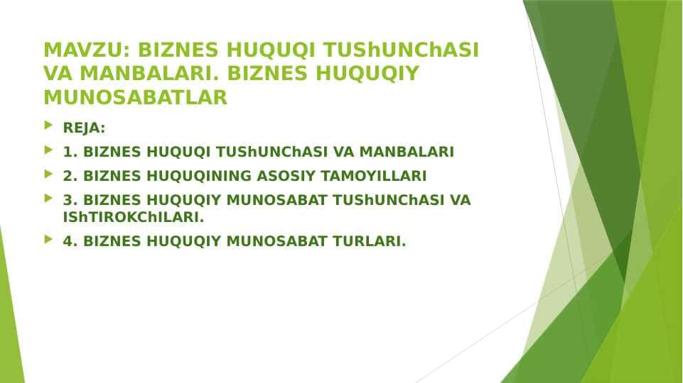 BIZNES HUQUQI TUShUNChASI VA MANBALARI. BIZNES HUQUQIY MUNOSABATLAR