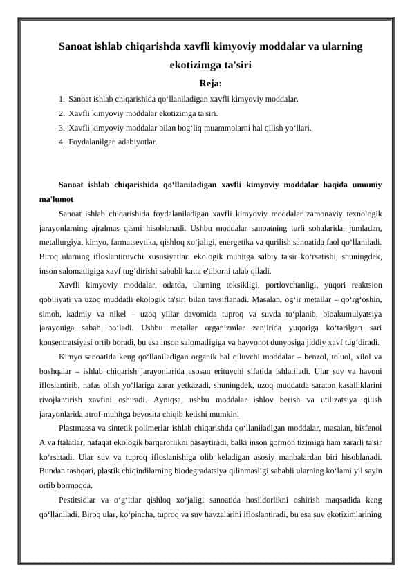 Sanoat ishlab chiqarishda xavfli kimyoviy moddalar va ularning ekotizimga ta'siri