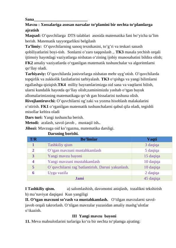 1-sinf Matematika Xossalariga asosan narsalar to‘plamini bir nechta to‘plamlarga ajratish dars ishlanma