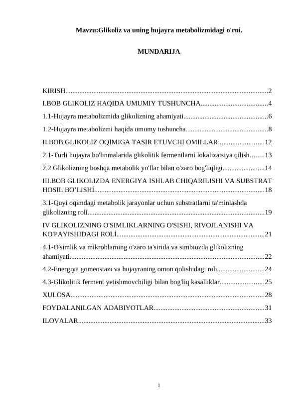 Glikoliz va uning hujayra metabolizmidagi o'rni.