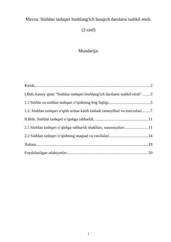 Sinfdan tashqari boshlang'ich darslarni tashkil etish
