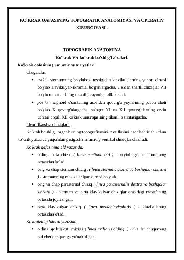 Ko'krak qafasining topografik anatomiyasi va operativ xirurgiyasi