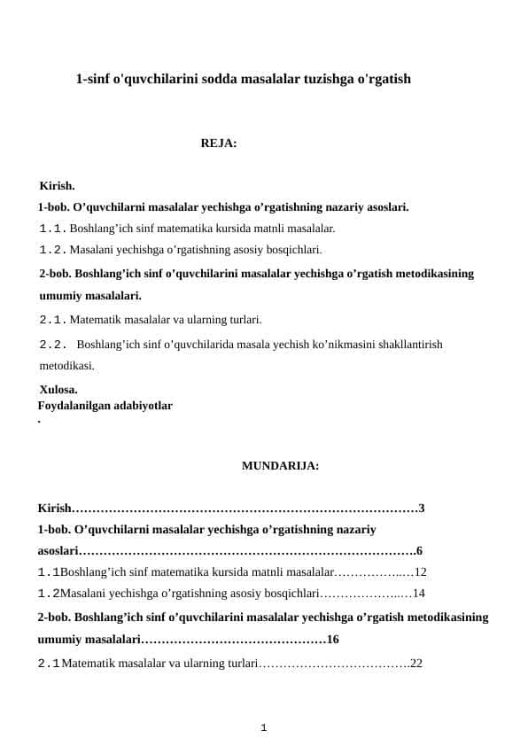 1-sinf o'quvchilarini sodda masalalar tuzishga o'rgatish
