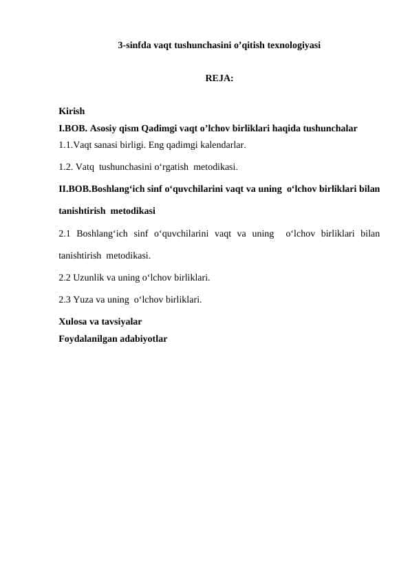 3-sinfda vaqt tushunchasini o’qitish texnologiyasi