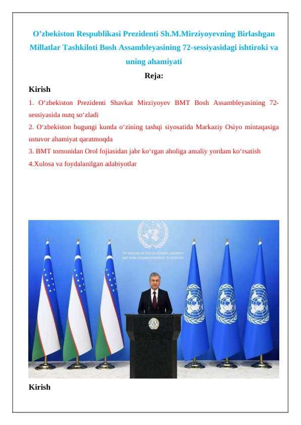 O’zbekiston Respublikasi Prezidenti Sh.M.Mirziyoyevning Birlashgan Millatlar Tashkiloti Bosh Assambleyasining 72-sessiyasidagi ishtiroki va uning ahamiyati