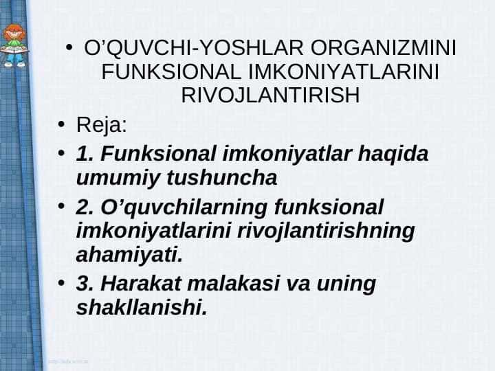 O’QUVCHI-YOSHLAR ORGANIZMINI FUNKSIONAL IMKONIYATLARINI RIVOJLANTIRISH1