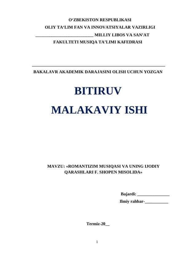 ROMANTIZIM MUSIQASI VA UNING IJODIY QARASHLARI F. SHOPEN MISOLIDA