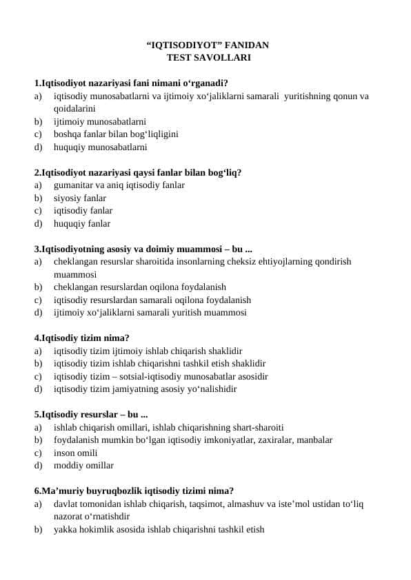 “IQTISODIYOT” FANIDAN TEST SAVOLLARI