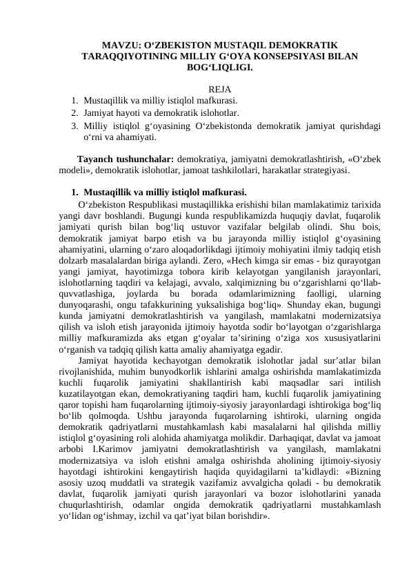 O‘ZBEKISTON MUSTAQIL DEMOKRATIK TARAQQIYOTINING MILLIY G‘OYA KONSEPSIYASI BILAN BOG‘LIQLIGI