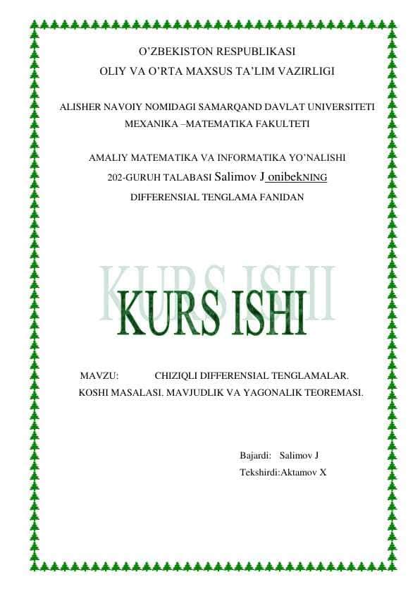 CHIZIQLI DIFFERENSIAL TENGLAMALAR. KOSHI MASALASI. MAVJUDLIK VA YAGONALIK TEOREMASI