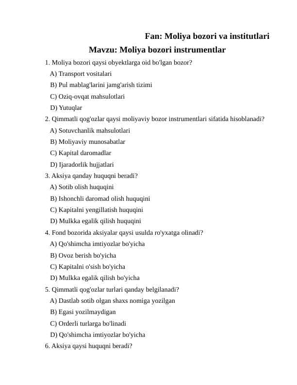 Test moliya bozori