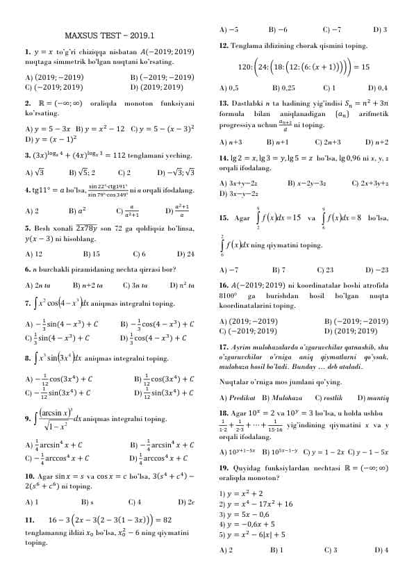 Matematika Milliy sertifikat uchun test