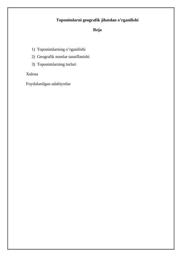 Toponimlarni geografik jihatdan o’rganilishi