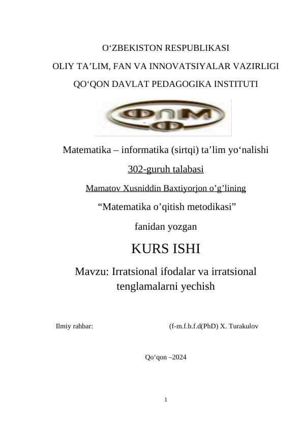 Irratsional ifodalar va irratsional tenglamalarni yechish