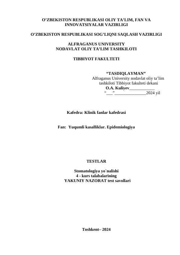 Yuqumli kasalliklar. Epidemiologiya yakuniy test savollari javovlari