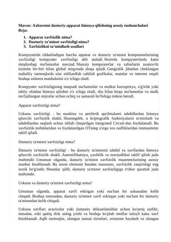 Axborotni dasturiy-apparat himoya qilishning asosiy tushunchalari