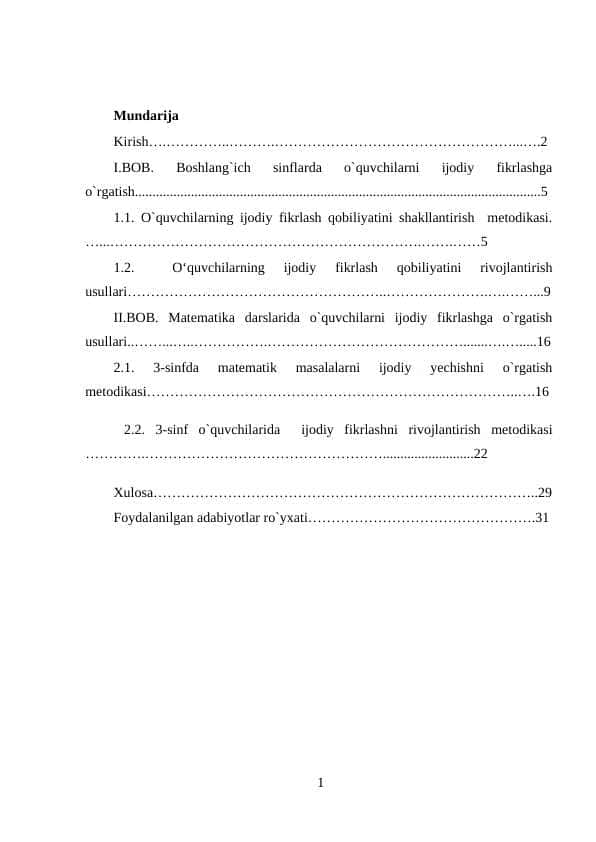 BOSHLANG`ICH SINFLARDA O`QUVCHILARNI IJODIY FIKRLASHGA O`RGATISH