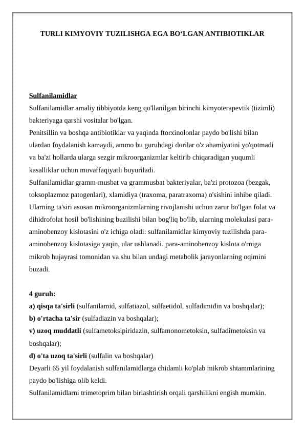 TURLI KIMYOVIY TUZILISHGA EGA BOʻLGAN ANTIBIOTIKLAR