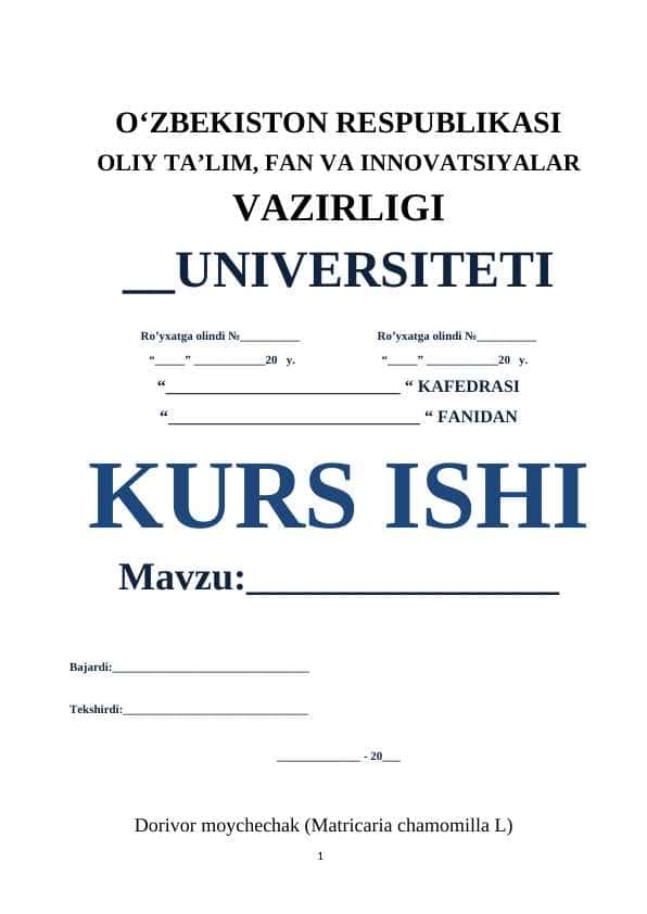 Dorivor moychechak (Matricaria chamomilla L) o`simligini yetishtirish va xom-ashyosini tayyorlash texnologiyasi