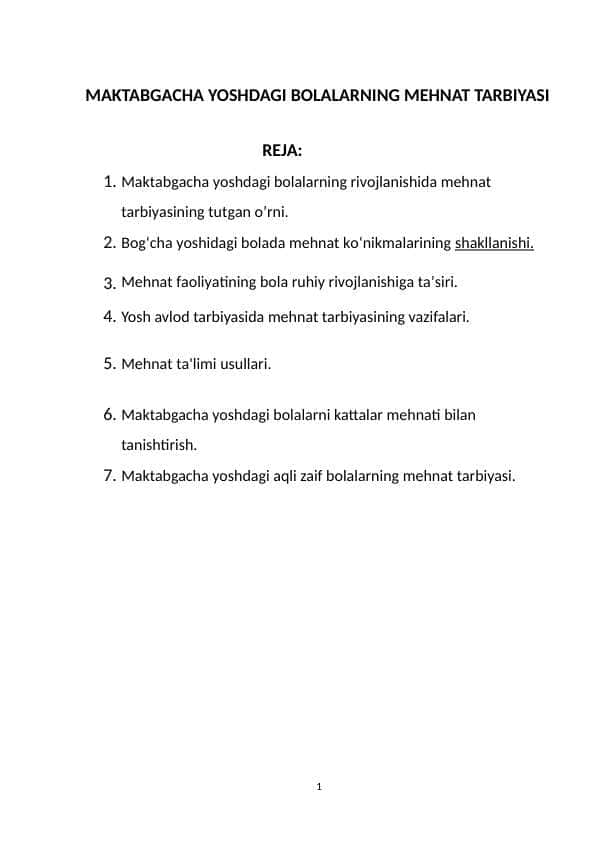 MAKTABGACHA YOSHDAGI BOLALARNING MEHNAT TARBIYASI