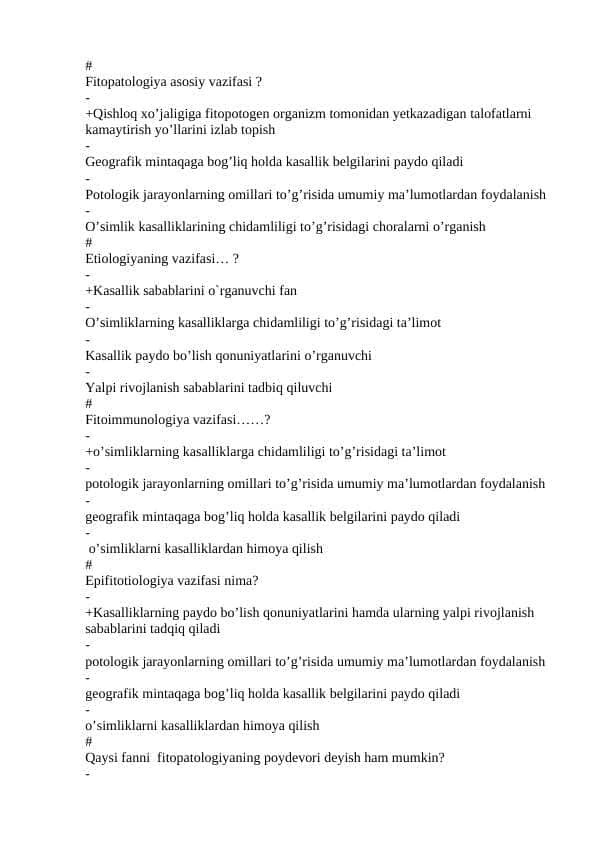 Fitopatologiya fanidan 660 test javobi bn