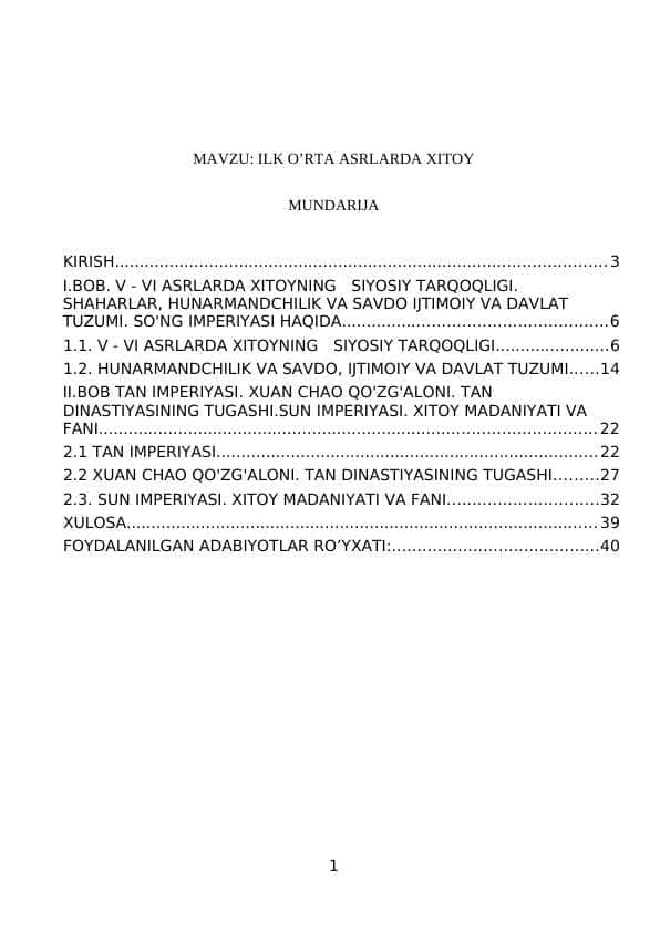 MAVZU: ILK O’RTA ASRLARDA XITOY